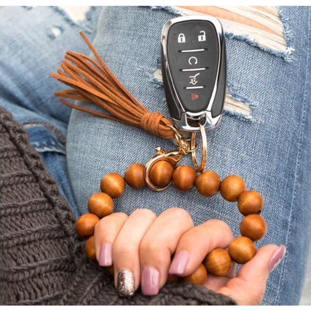 Genuine Wood Beaded Cognac Key Ring Bracelet with Suede Tassel Gold Clasp Ring